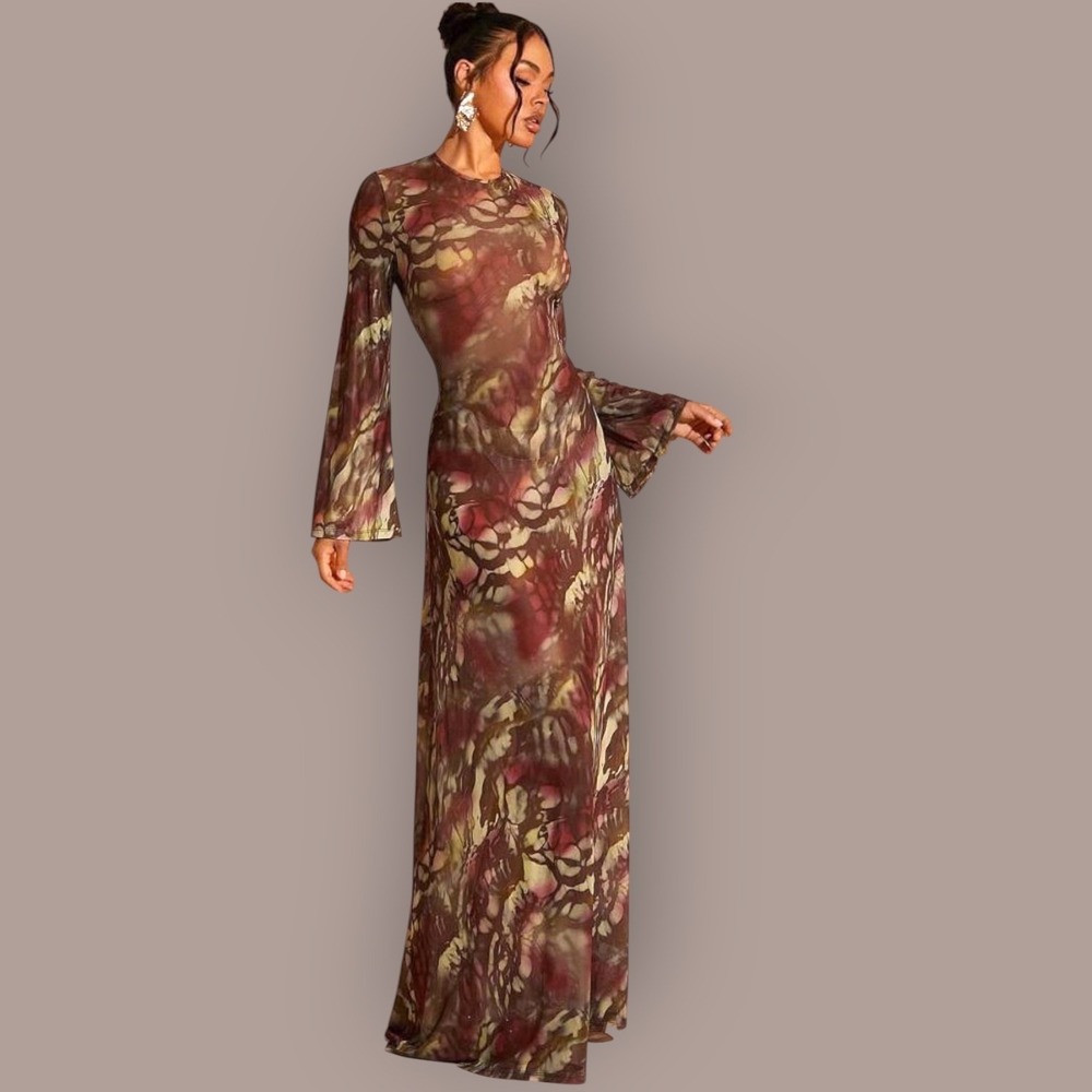 Sheer Mesh Abstract Print Maxi Dress Open Back Tie Neck Bell Sleeve Boho Y2K M/L - Picture 2 of 16
